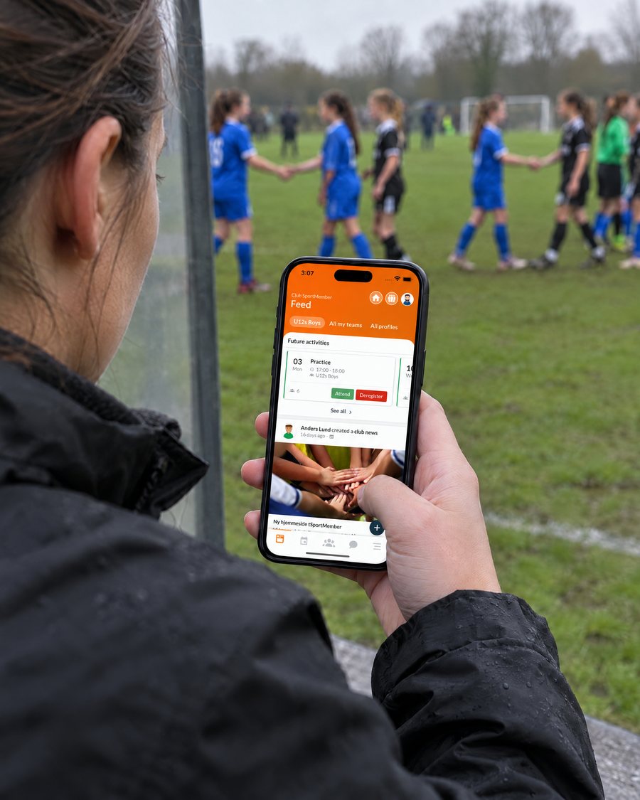 Football coach in the dugout after the final whistle with the team feed open in the SportMember app