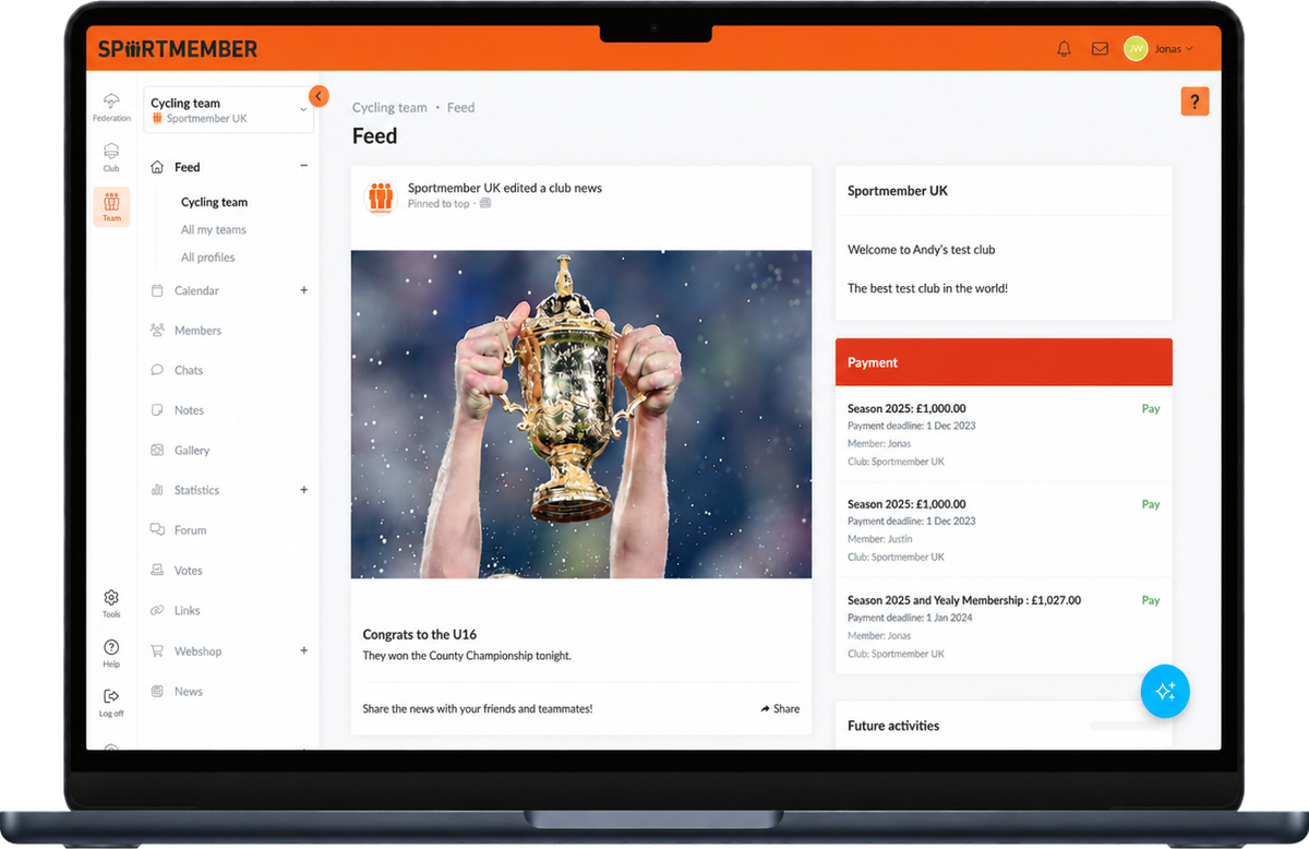 The team feed in SportMember on the computer, where new match reports appear at the top